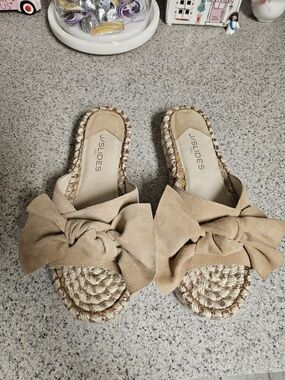 J Slides Tan Bow Espadrille Slide Sandals